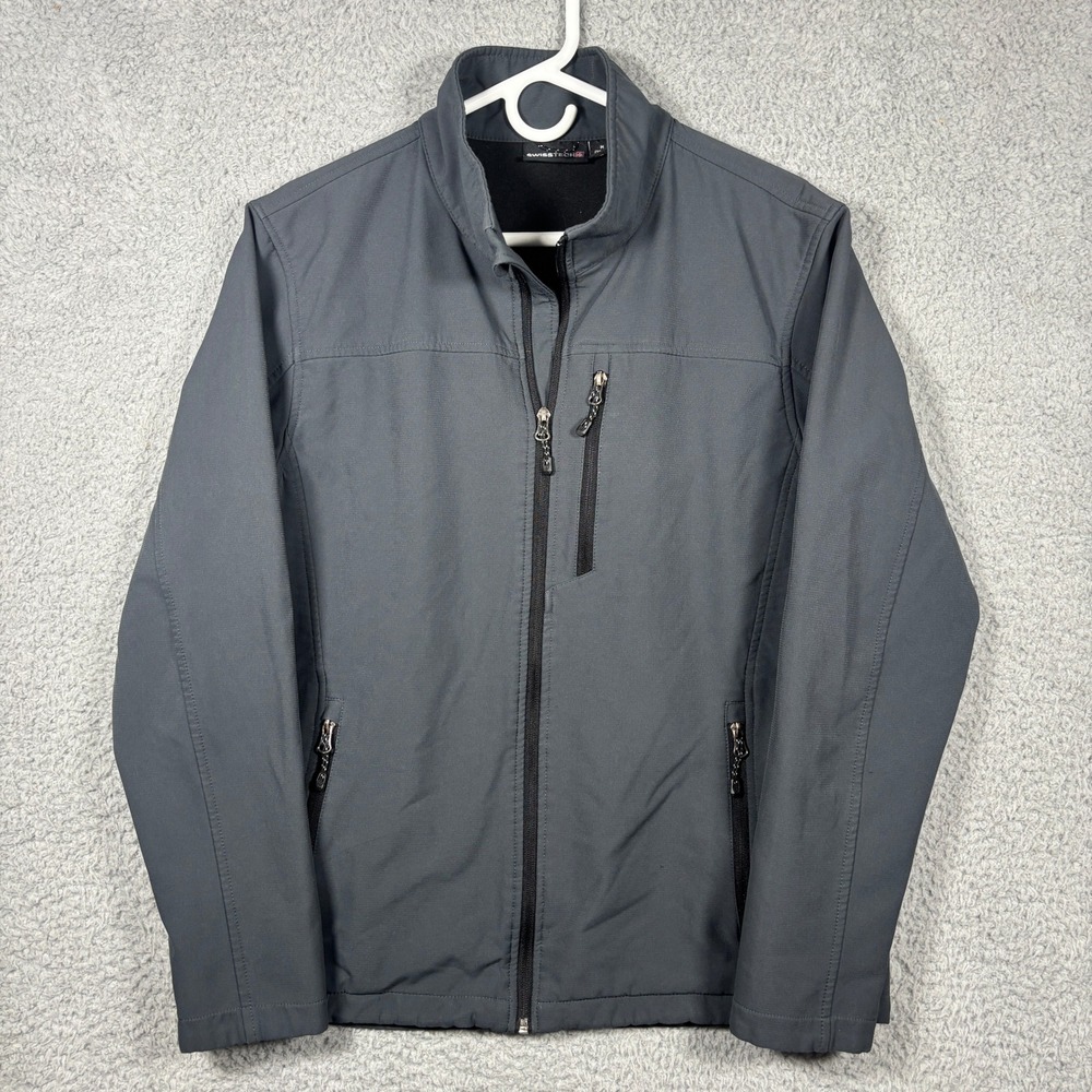 Swiss Tech Jacket Mens M Gray Softshell Fleece Lined Mock Neck Full Zip Pocket